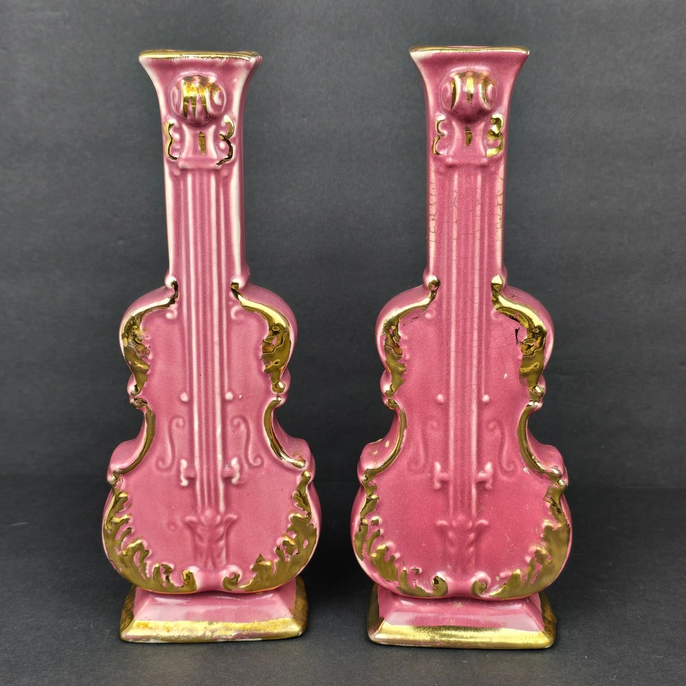 Vintage Pink Violin Bud Vases Set 2 22K Gold Trim 9" MCM Decor